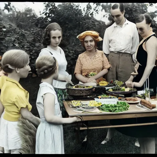 Prompt: an image of a queen with tan skin long rippling cinnamon hair and emerald colored eyes in a medium full shot, vintage historical fantasy 1 9 3 0 s kodachrome slide german and eastern european mix. the queen is pictured attending a barbecue for youth volunteers. she is dressed in a yellow dress paired with green accessories.