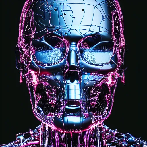 Prompt: extremely detailed portrait of a terminator's head, packed with cybernetics and and borg enhancements and has lit optic fibers inside. In a forest with bokeh. No plating.