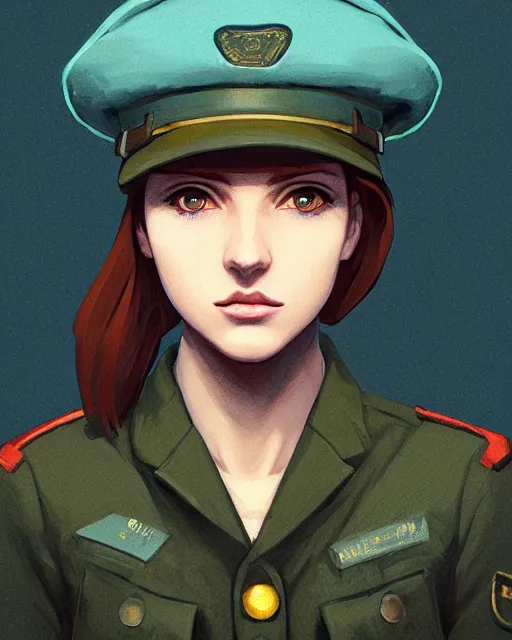Prompt: symmetrical portrait bust of young woman with shoulder length light brown hair and hazel eyes dressed in a sharp dark teal military uniform and beret, blurred city background in twilight lighting, ilya kuvshinov, anime, greg rutkowski, guweiz, ross tran, artstation trending, artgerm, concept art, digital painting, painterly