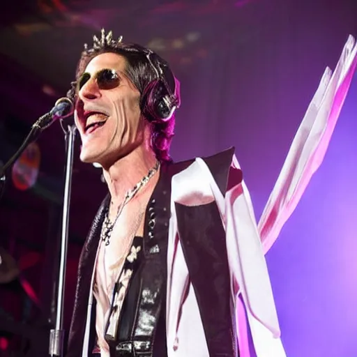 Image similar to perry farrell singing live on stage, dressed as an angel, photographic quality, live concert photo