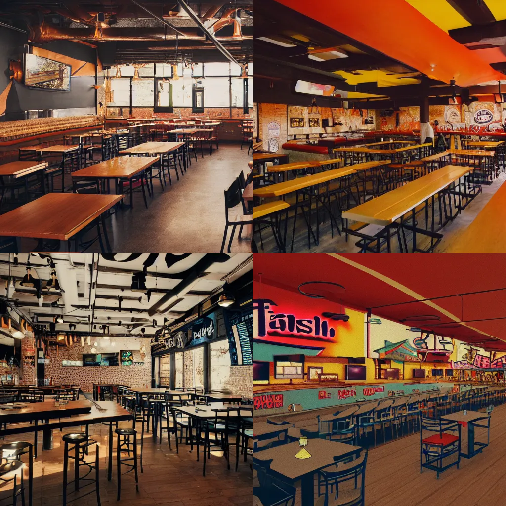 Prompt: The interior of a beer hall, 1990's Taco Bell aesthetic and color scheme, high contrast , f/22, 35mm , trending on artstation