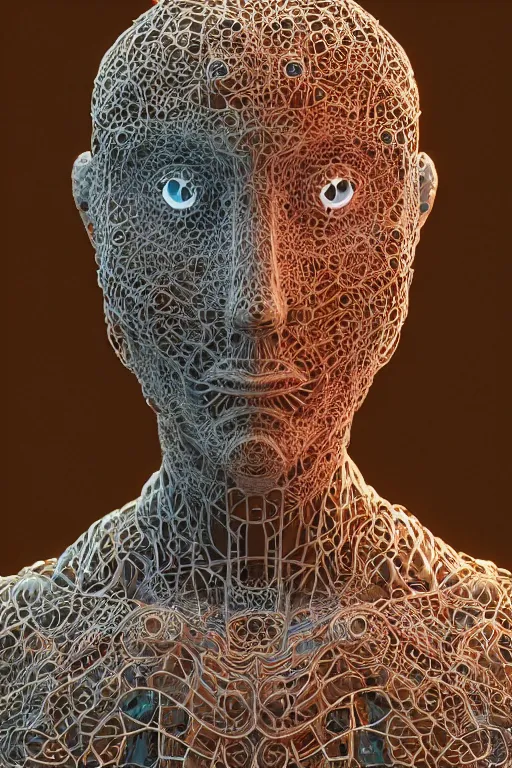 Image similar to a melancholic realistic 8k Sculpture of a complex robotic human face, liquid simulation, bright psychedelic colors, dramatic lighting, hexagonal mesh wire, filigree intricate details, cinematic, fleshy musculature, white blossoms, elegant, 50mm lens, DOF, octane render, art nouveau, 8k post-processing, intricate art by Raymond Swanland