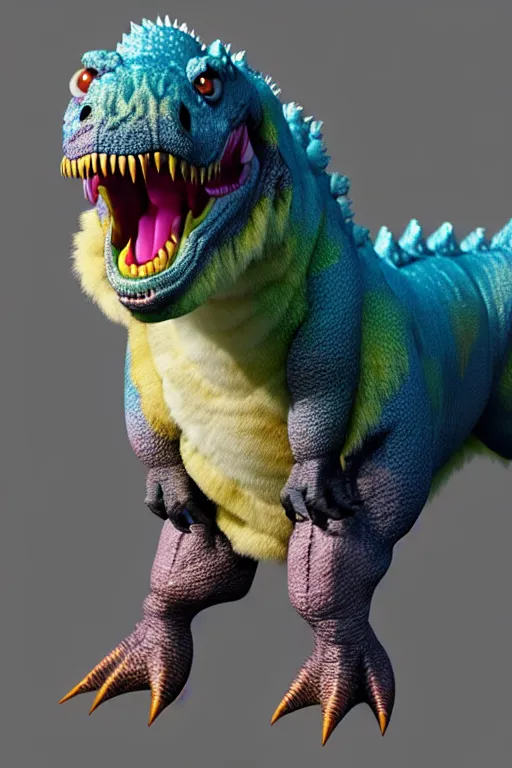 Prompt: high quality 3 d render hyperrealist very cute multipastel fluffy angry dinosaur, vray, fluffy t - rex, smooth in the background, artstation