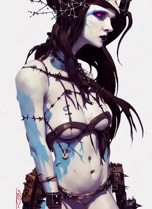 Prompt: portrait of cute goth maiden girl with crown of thorns and white short hairs, dressed in belts bikini, warhammer, cyberpunk, by atey ghailan, by greg rutkowski, by greg tocchini, by james gilleard, by joe gb fenton, by kaethe butcher, dynamic lighting, gradient light blue, brown, blonde cream and white color in scheme, grunge aesthetic