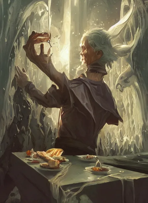 Image similar to voldemort eating a sandwich, d & d, fantasy, intricate, elegant, highly detailed, digital painting, artstation, concept art, matte, sharp focus, illustration, hearthstone, art by artgerm, art by greg rutkowski, art by alphonse mucha