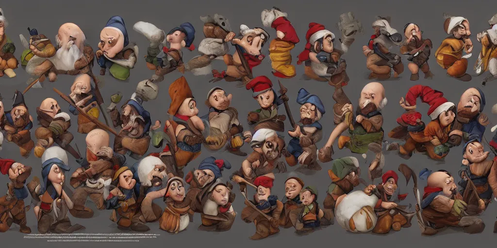 Prompt: 7 deadly dwarfs and snow white, highly detailed, concept art, trending on artstation