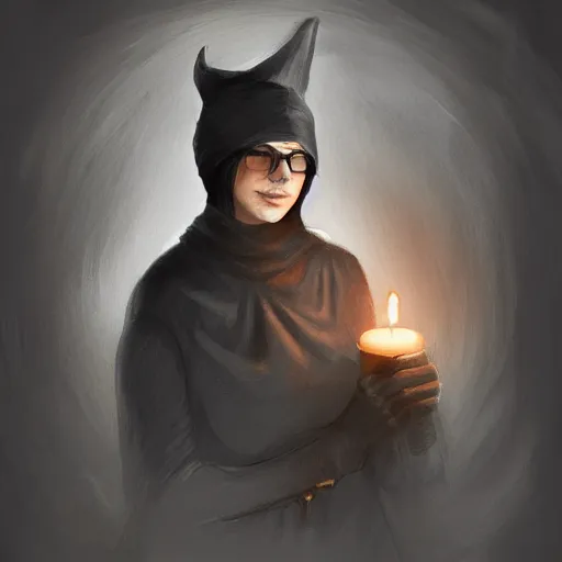 Prompt: an adventurer wearing a black sleeping cap and holding a candle, portrait, d & d, science fiction, concept art, matte, sharp focus, illustration, concept art,