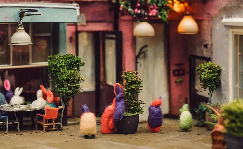 Image similar to miniature cafe diorama, macro photography, cafe with felted bunnies on a date, alleyway, ambient, atmospheric, british, cozy, bokeh, romantic, colorful lanterns