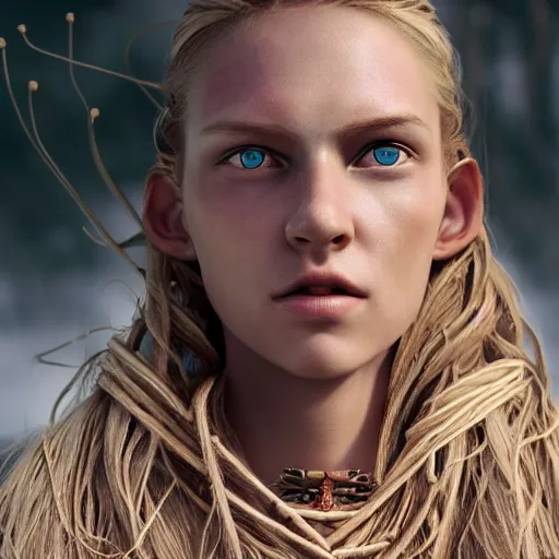 Prompt: portrait of a stunningly beautiful nordic tribal female, depth of field, zeiss lens, detailed, symmetrical, centered, fashion photoshoot, by Annie Leibovitz and Steve McCurry, David Lazar, Jimmy Nelsson, Breathtaking, 8k resolution, extremely detailed, beautiful, establishing shot, artistic, hyperrealistic, beautiful face, octane render