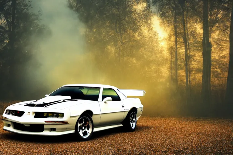 Prompt: reflective white pontiac firebird with flames paintjob with angelic wings attached to sides of the roof, dramatic, cinematic, forest, volumetric lighting