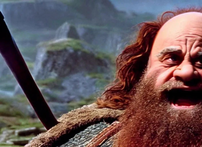 Image similar to film still of danny devito as gimli in lord of the rings movie, 8 k