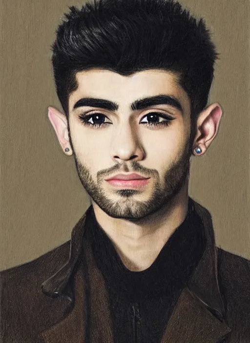 Image similar to portrait of zayn malik as an elf by turner, only one head single portrait, pointy ears, wearing a black leather collared jacket