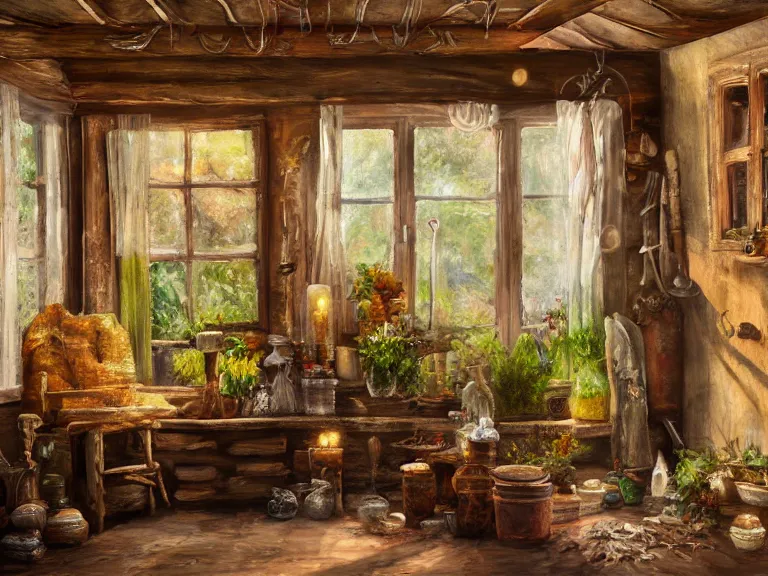 Prompt: expressive rustic oil painting, interior view of a cluttered herbalist cottage, waxy candles, wood furnishings, herbs hanging, light bloom, dust, ambient occlusion, morning, rays of light coming through windows, dim lighting, brush strokes oil painting