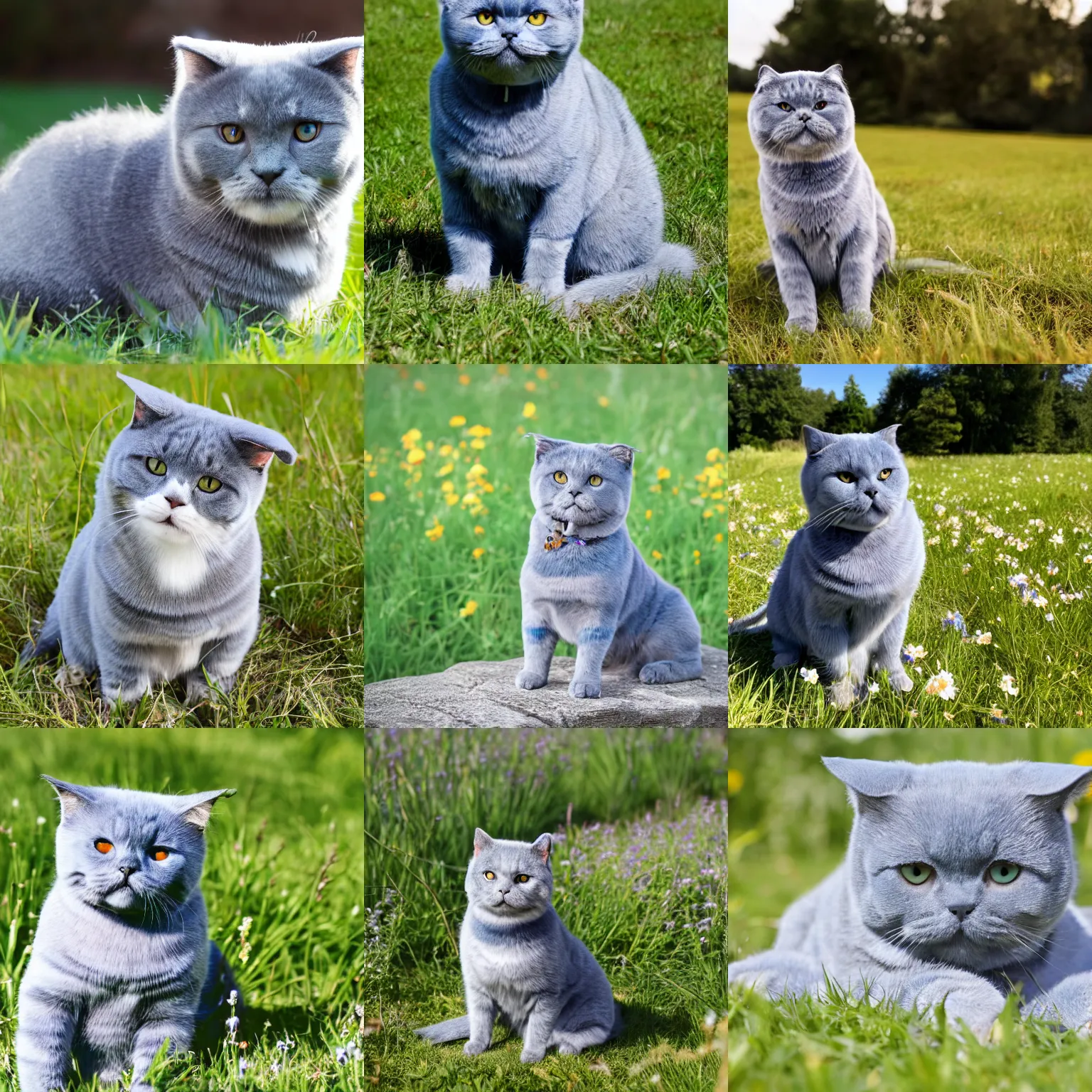 Prompt: blue gray scottish fold sitting in the middle of sunny meadow
