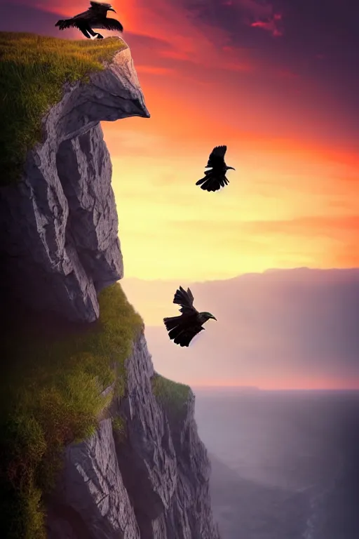 Image similar to elderly man falling off a cliff, tragic moment, 8 k, art by artgerm, award winning photo, sunset in background, ravens in the sky, highly - detailed