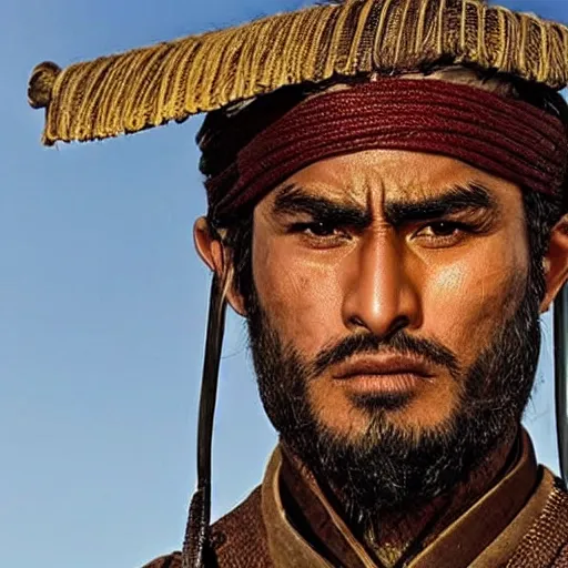 Image similar to handsome and strong! kurdish! samurai in a movie directed by christopher nolan, movie still frame, promotional image, imax 7 0 mm footage, perfect symmetrical facial features