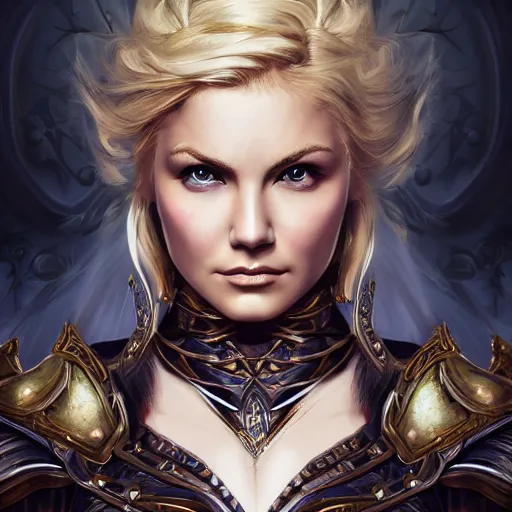 Prompt: head-on centered symmetrical painted portrait, Elisha Cuthbert as a paladin, blonde hair, dark victorian armour, dramatic lighting, intricate, fantasy, intricate, elegant, highly detailed, digital painting, smooth, sharp focus, illustration, dramatic lighting, artstation, in the style of Artgerm and Anna Podedworna