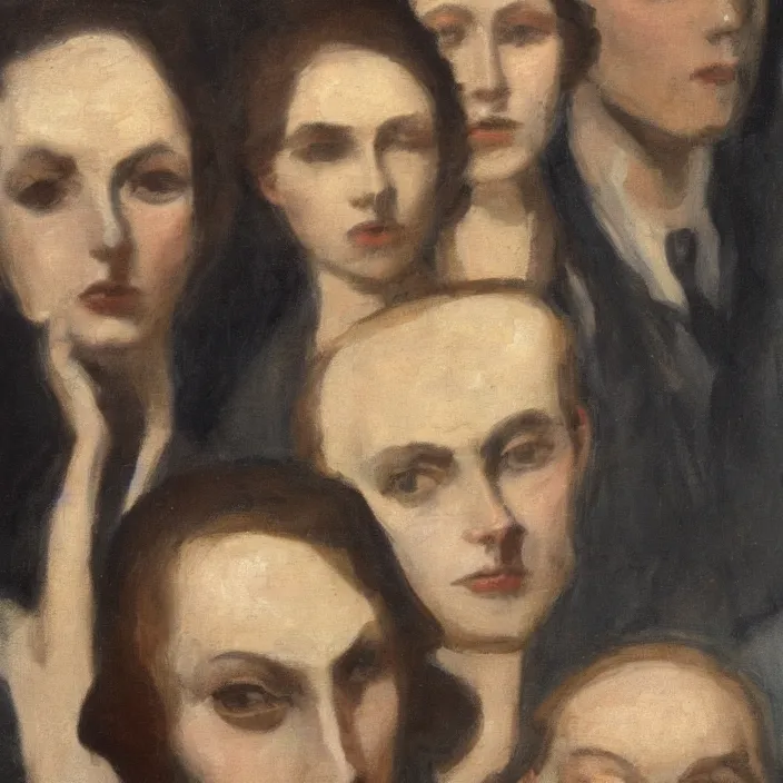 Image similar to group of people pictured in afternoon light, close - up of the faces, anatomically and proportionally correct, oil painting by dora maar and malcolm liepke, detailed