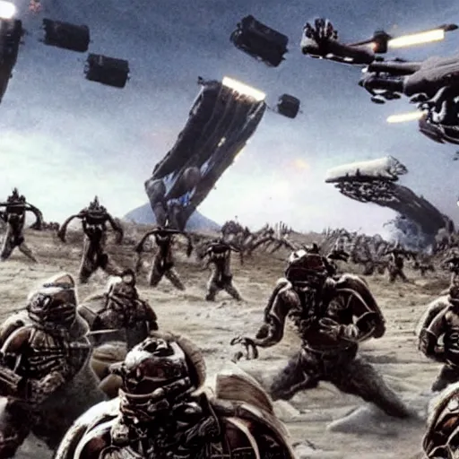 Prompt: thousands of mobile infantry soldiers perish as they land on klendathu planet, starship troopers, movie scene