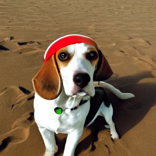 Image similar to a beagle in summer beach wearing hat
