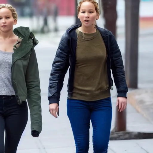 Image similar to Jennifer Lawrence and Jennifer Lawrence walking down the street together, soft focus, hyperdetailed, 8k