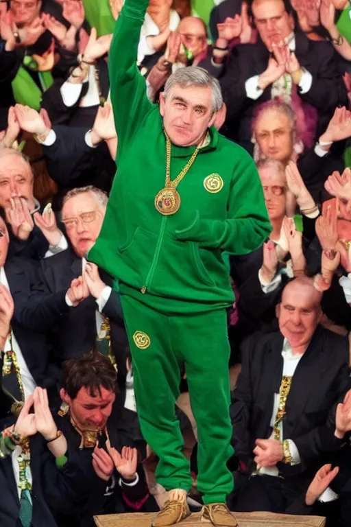 Image similar to gordon brown politician, dark hair, wearing a green tracksuit and gold necklace medallion, hands raised in the air,