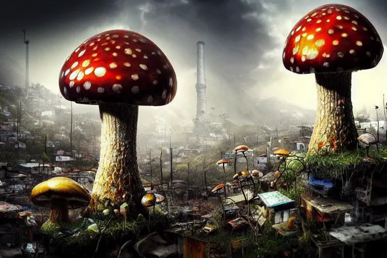 Prompt: favela mushroom beehive, fungus environment, industrial factory, apocalyptic, award winning art, epic dreamlike fantasy landscape, ultra realistic,