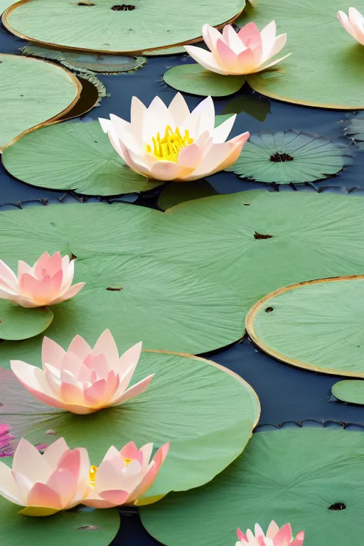 Image similar to lilyPads with Lotus flowers in the golden hour, paper cut art, close up, DOF, 8k, artstation,