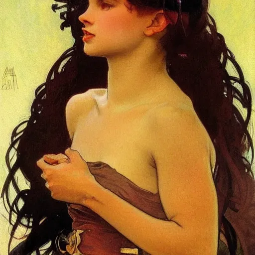 Prompt: beautiful brown skin girl with pouty lips by alphonse mucha and greg manchess