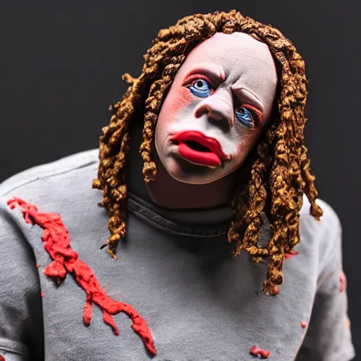 Prompt: a cinematic photograph still of trippie redd made out of clay, in claymation