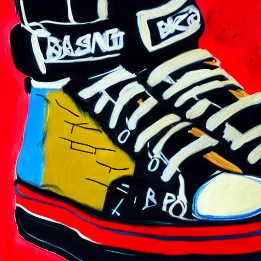 Prompt: basquiat oil painting of cyber balenciaga sneakers,