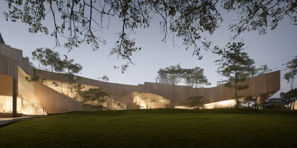 Prompt: Architectural photography of beautiful nature meets architecture concept of a residential house by Kengo Kuma, volumetric lighting,, luxury, high detail, 14mm, cinematic photography, archdaily, high resolution