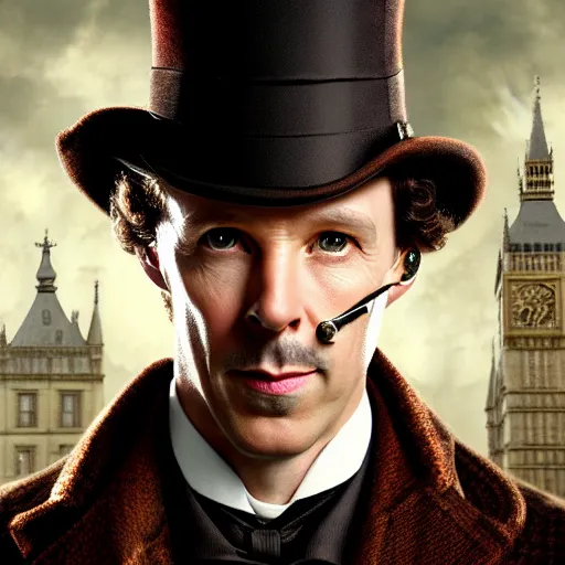 Image similar to portrait of sherlock holmes wearing a steampunk mechanical monacle, matte painting, 4 k, ultra detailed