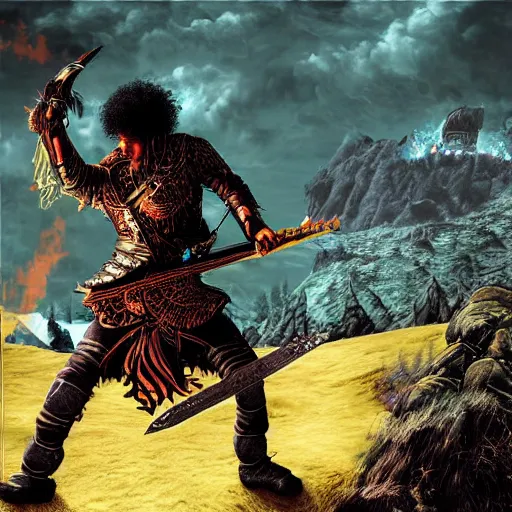 Prompt: jimi hendrix is a guard in skyrim protecting whiterun from a dragon by keith thompson