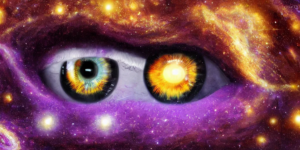 Prompt: Fantasy god-like purple eye, golden spiraling pupil, black iris at the center of galaxy, digital oil painting, surreal, HD,