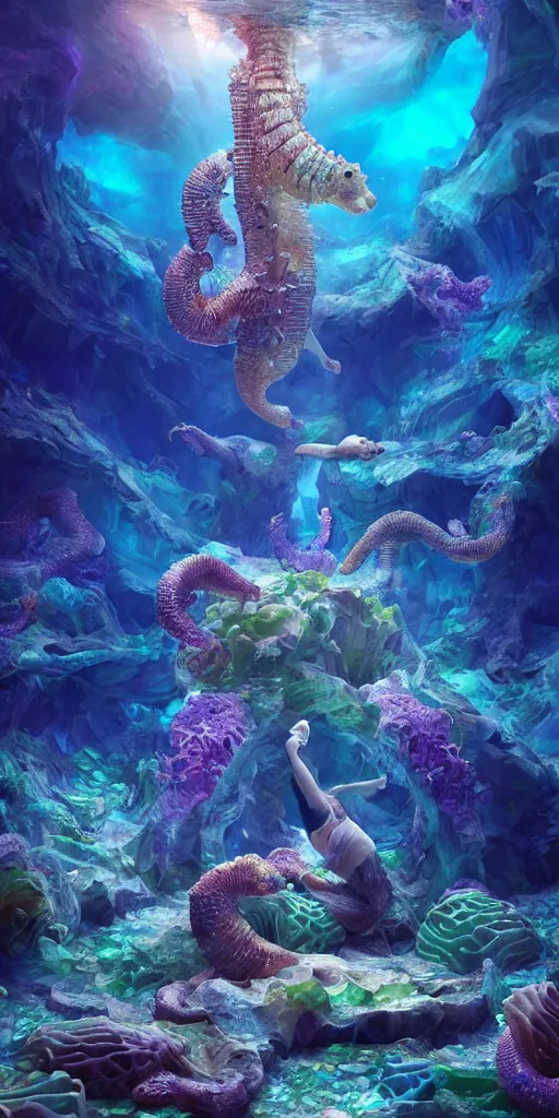 Prompt: mythical dreamy organic translucent bio-mechanical overpopulated underwater beautiful city of Atlantis with seahorses, highly detailed, intricate crystal jelly ornate, poetic, 3D render, digital art, octane render, 8K artistic photography, photo-realistic, by Dora Maar