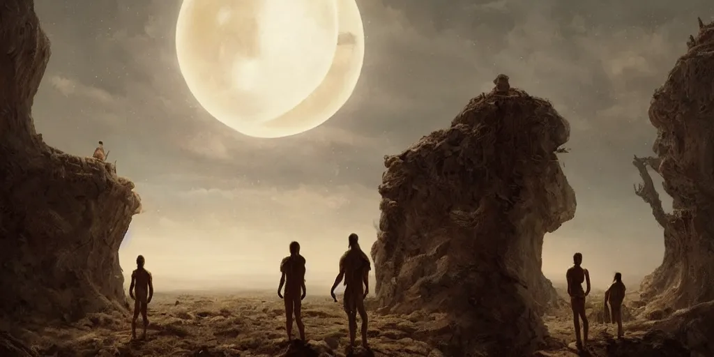 Prompt: A hyperrealistic painting of the first humans looking at the moon for the first time from the perspective of the creator alien race, by Greg Rutkowski, Sung Choi, Mitchell Mohrhauser, cinematic lighting, fine details, esoteric