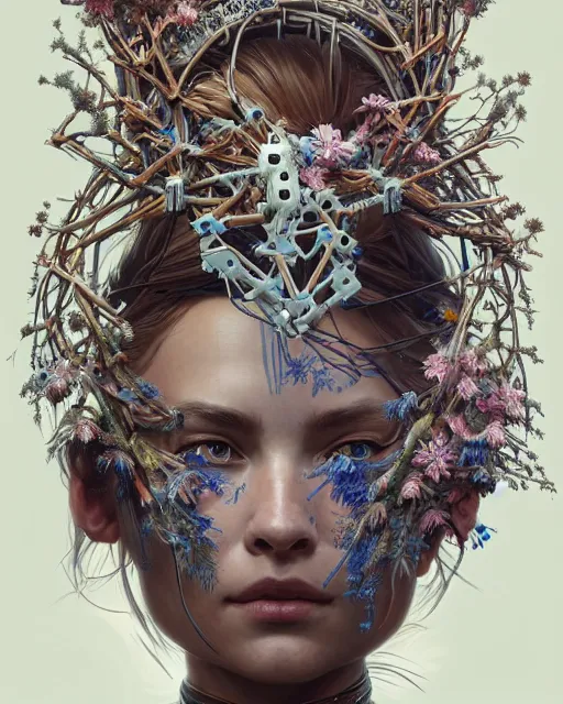 Image similar to symmetry!! portrait of a machine from horizon zero dawn, machine face, decorated with twigs and flowers, intricate, elegant, highly detailed, digital painting, artstation, concept art, smooth, sharp focus, illustration, art by artgerm and greg rutkowski and alphonse mucha, 8 k