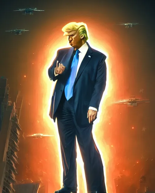 Image similar to highly detailed vfx portrait of donald trump as terminator, stephen bliss, unreal engine, greg rutkowski, loish, rhads, beeple, makoto shinkai and lois van baarle, ilya kuvshinov, rossdraws, tom bagshaw, alphonse mucha, global illumination, detailed and intricate environment