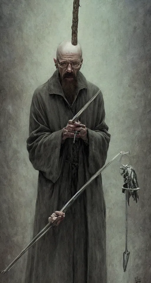 Image similar to Walter White as Saruman holding a staff by Esao Andrews and Karol Bak and Zdzislaw Beksinski