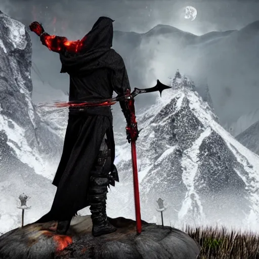 Image similar to a realistic full body of Konnor, a dragonblood, a black hood with black robes and a sword on his back, extremely realistic and detailed, standing in front of a mountain