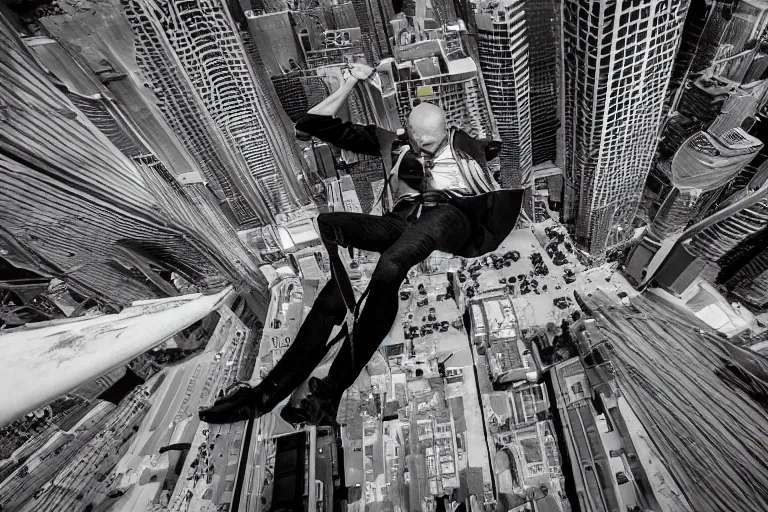 Prompt: photograph of a nervous vampire rope walking on top of a high building and trying to balance himself, wide shot