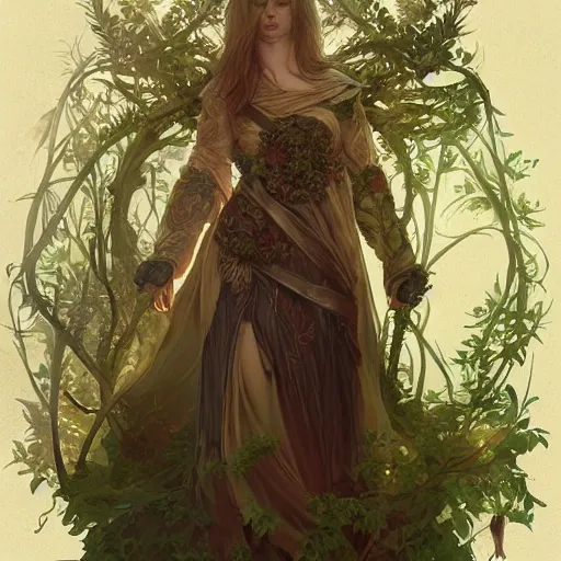 Image similar to a woman tree druid with leaf themed clothing, fully clothed, D&D, fantasy, intricate, cinematic lighting, highly detailed, digital painting, artstation, concept art, smooth, sharp focus, illustration, art by Artgerm and Greg Rutkowski and Alphonse Mucha