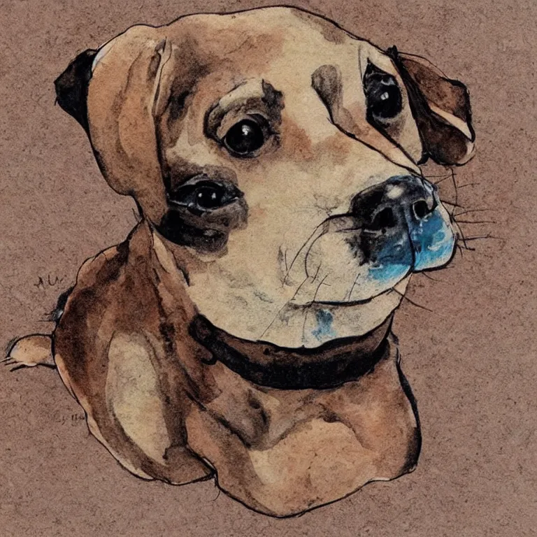 Image similar to a cute retro dog. alcohol inks on parchment, muted colors, detailed, textured parchment background, 1 9 5 0 s concept art