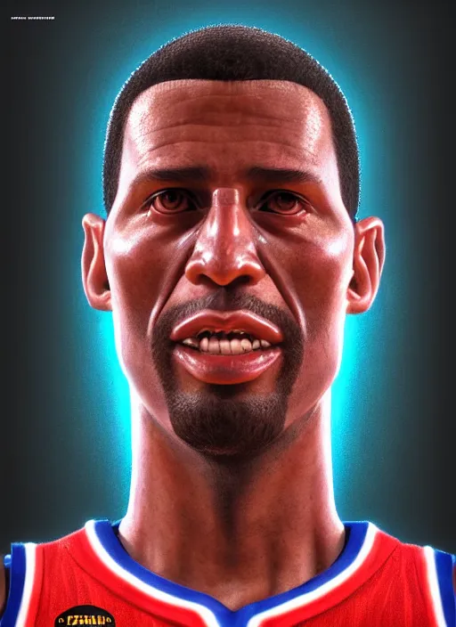 Prompt: a 3 d rendered portrait of an 9 0's era nba basketball player by artist hadi karimi, wlop, artgerm, greg rutkowski, serious expression, dramatic lowkey studio lighting, accurate skin textures, octane renderer, hyperrealism, zbrush, cgsociety, aesthetically pleasing and harmonious vinatge colors