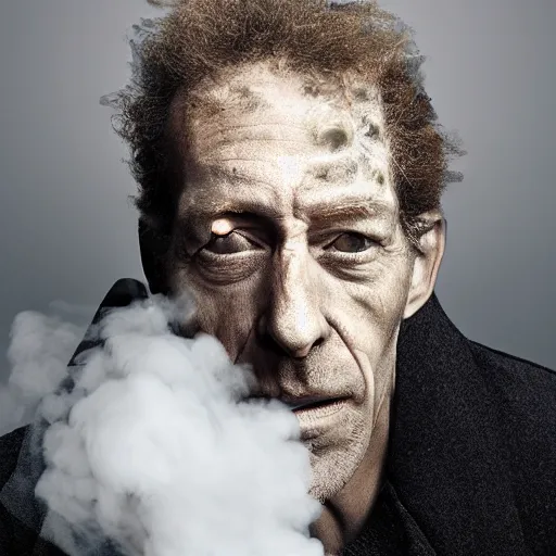 Image similar to annie liebowitz photo of a man who's head is turning into a puff of smoke