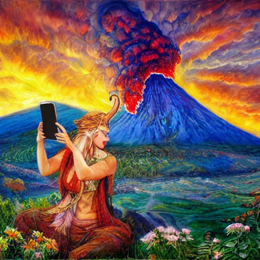 Image similar to painting by senior concept artist josephine wall, horned ram goddess checking her cell phone, erupting volcano and sunset in distance in background, flowers in foreground