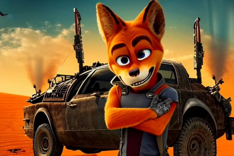 Image similar to nick wilde, heavily armed and armored facing down armageddon in a dark and gritty reboot from the makers of mad max : fury road