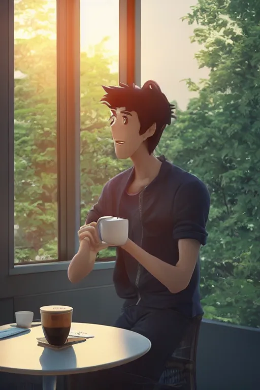 Image similar to a man sitting on a café table mext to a window and holding a cup of coffee at sunset, anime style, Pixar style, black hair, 4K, cartoon, concept art, octane render, unreal engine 5, path tracing, complementary colours, serene scene, warm, cute, natural lighting, high quality, highly detailed, high coherence, defined face, five fingers, anatomically correct, soft lighting, close view