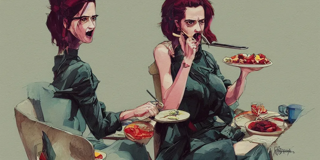 Image similar to cartoonish eva green eating dinner, vivid colors, character sheet, fine details, concept design, contrast, kim jung gi, greg rutkowski, trending on artstation, 8 k, full body, turnaround, front view, back view, ultra wide angle